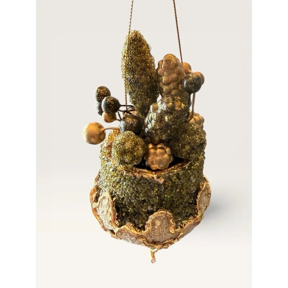 Sugared Sparking Green Gold Fruit Basket Grapes Ornament 4.5